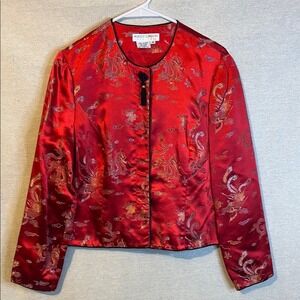 Maggy London Womens Red‎ Black Asian Inspired Button Front Jacket Size 10 Petite